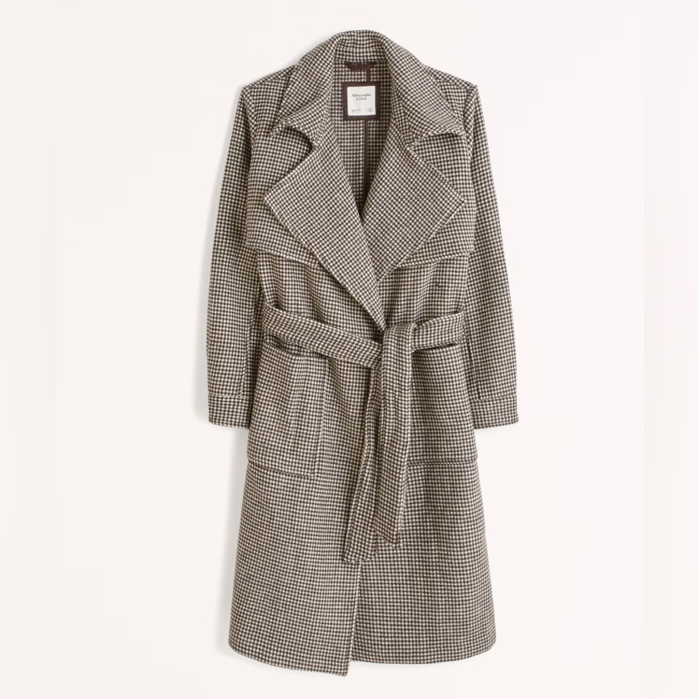 Abercrombie wool blend wrap trench coat dark brown plaid houndstooth